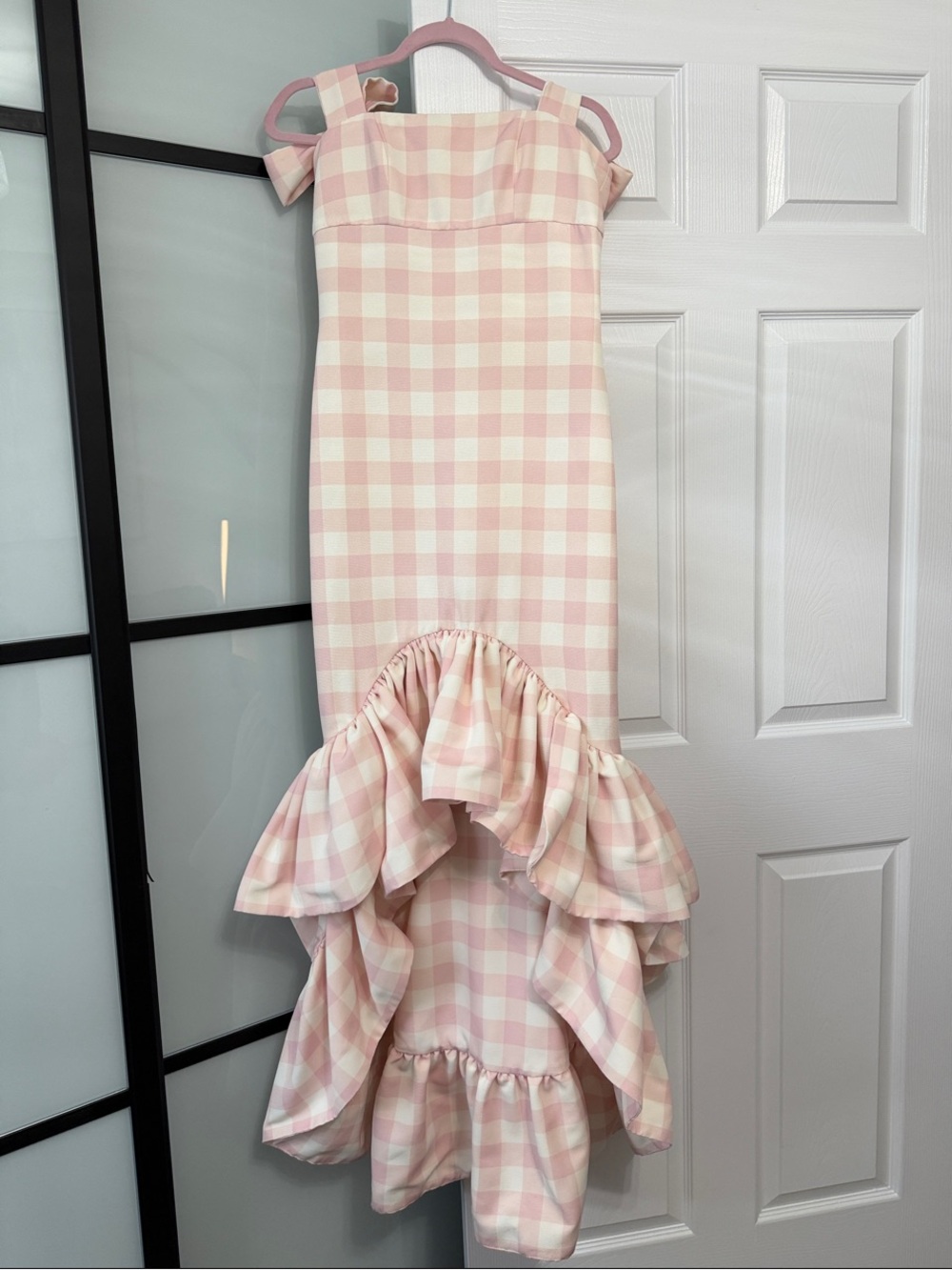Pink Gingham Ruffle-Hem Formal Dress